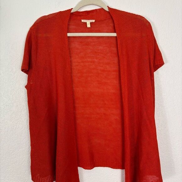 Eileen Fisher Orange Open Knit Short Sleeve 100% Linen Cardigan Top - Picture 3 of 7